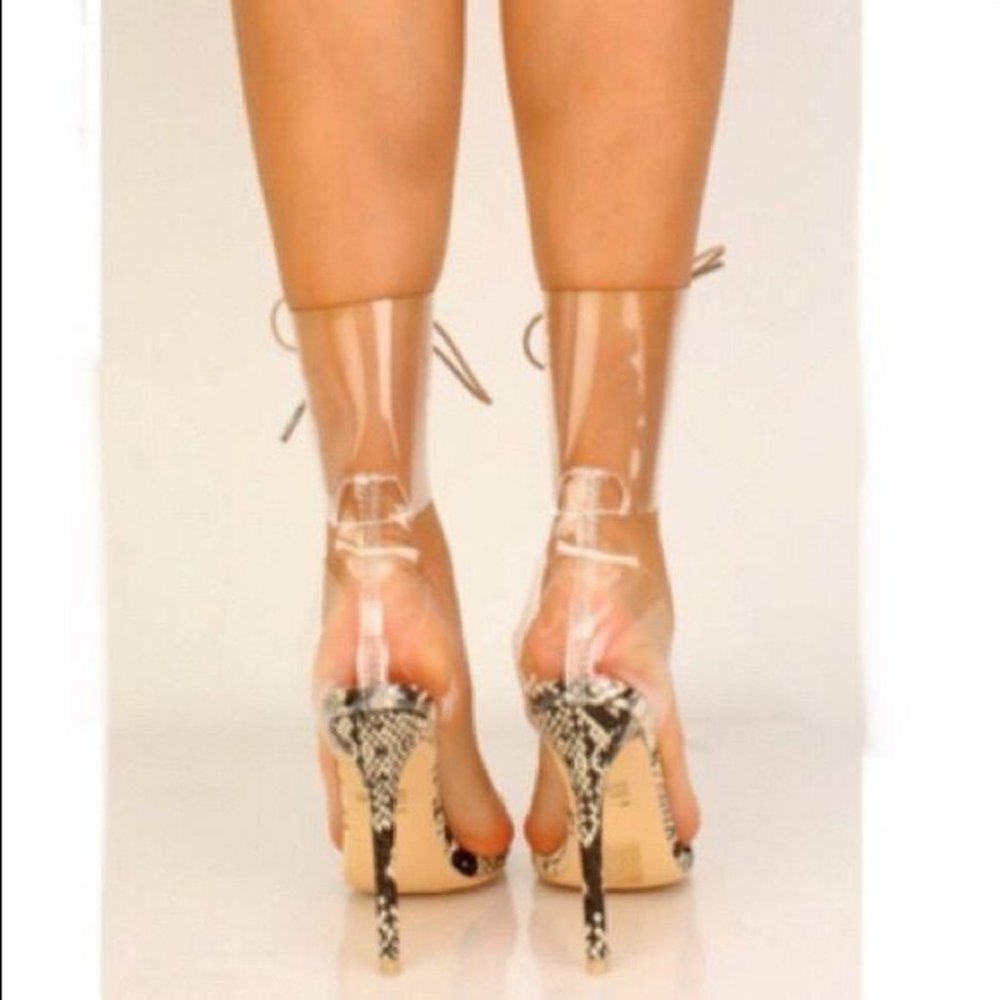 Lace Up Ankle Wrap Snake Print Heels - Picture 8 of 8